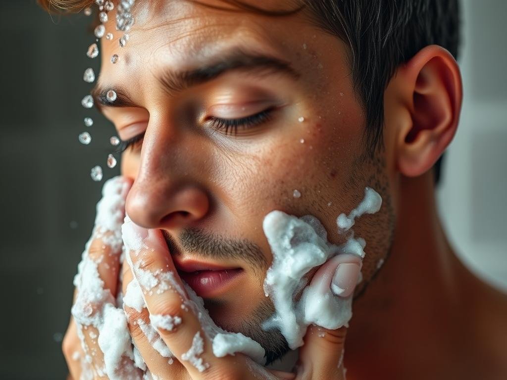 Man washing face with cleanser, demonstrating proper technique for the cleansing step of a 3-step skincare routine for men