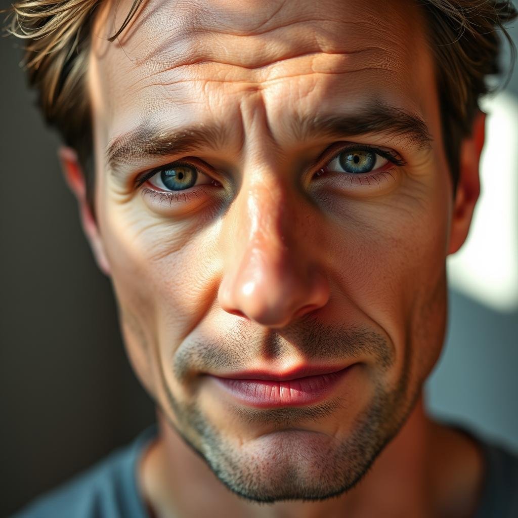 Man with anti-aging serum showing reduced fine lines