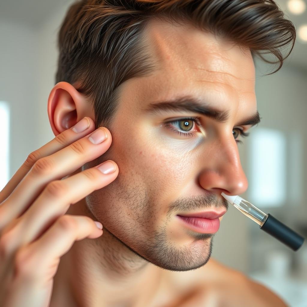 Man with enlarged pores using pore-minimizing serum