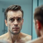 Man with oily skin looking in mirror concerned about shine on forehead and nose