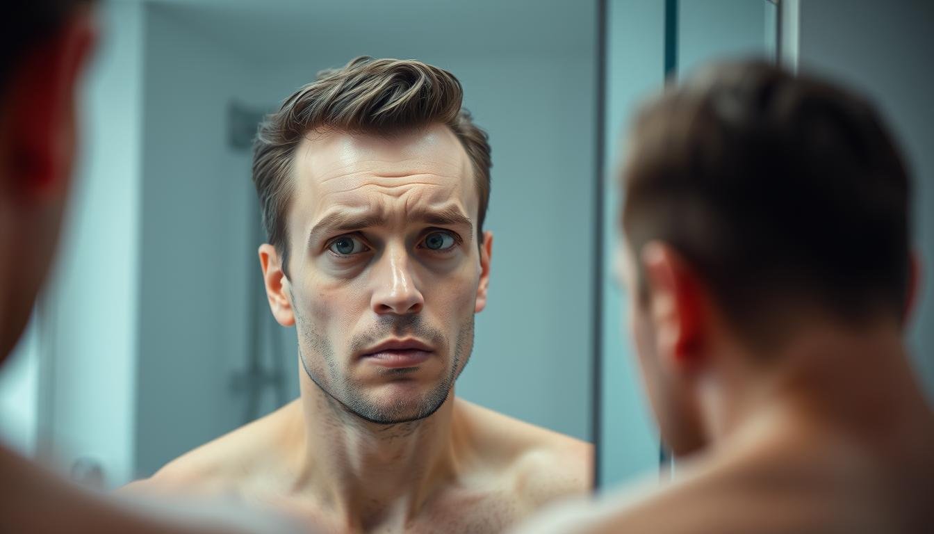 Man with oily skin looking in mirror concerned about shine on forehead and nose