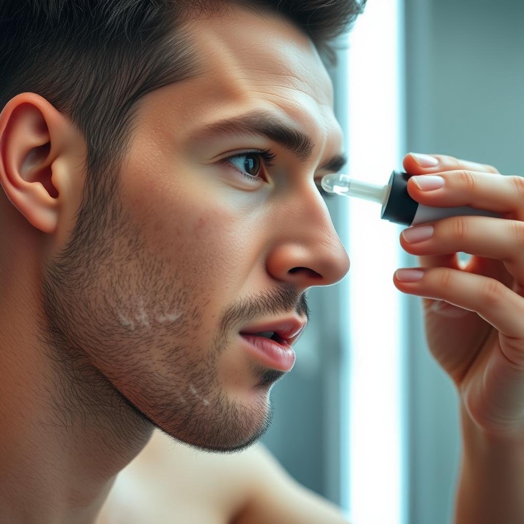 Man with oily skin type using mattifying serum