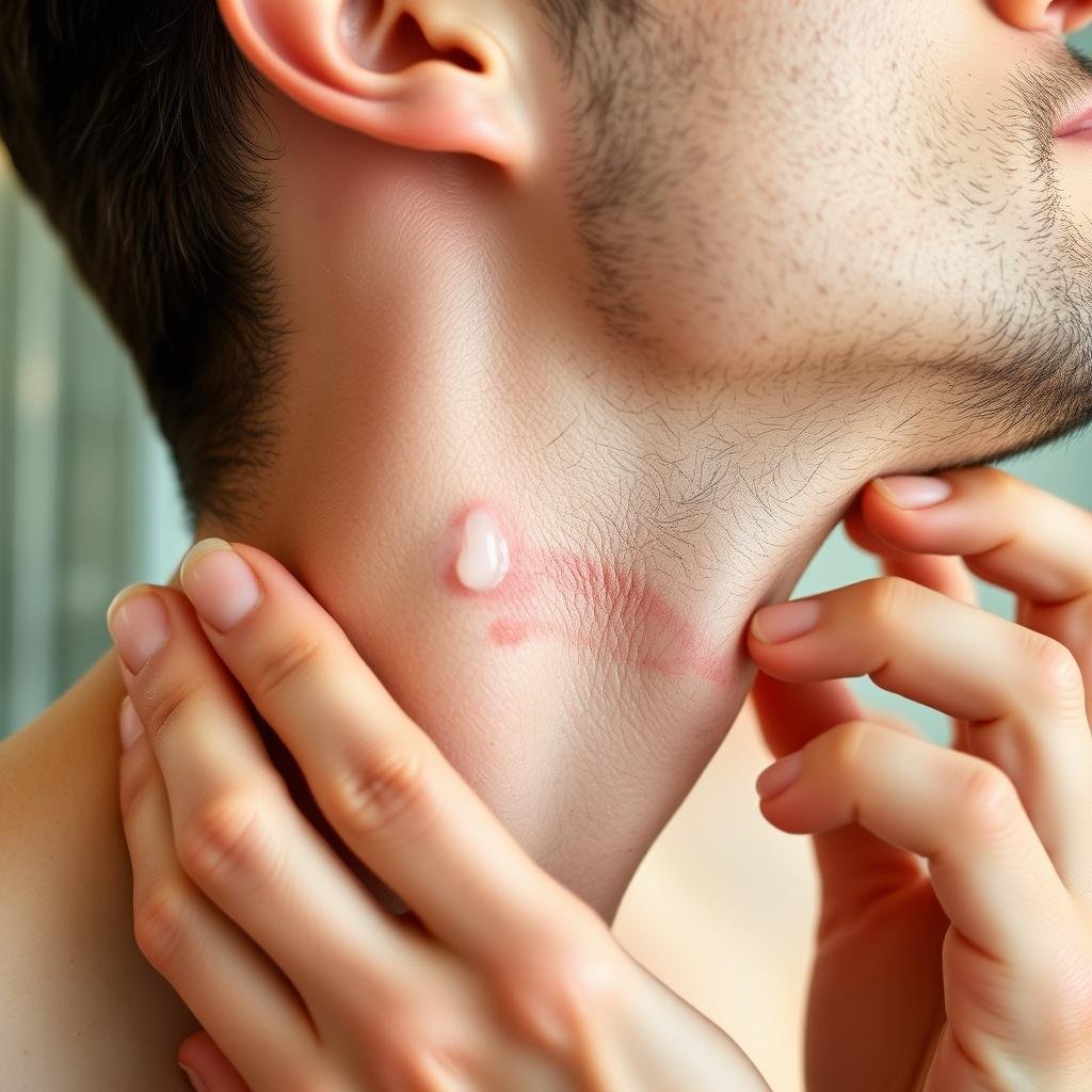 Man with post-shave irritation applying soothing serum