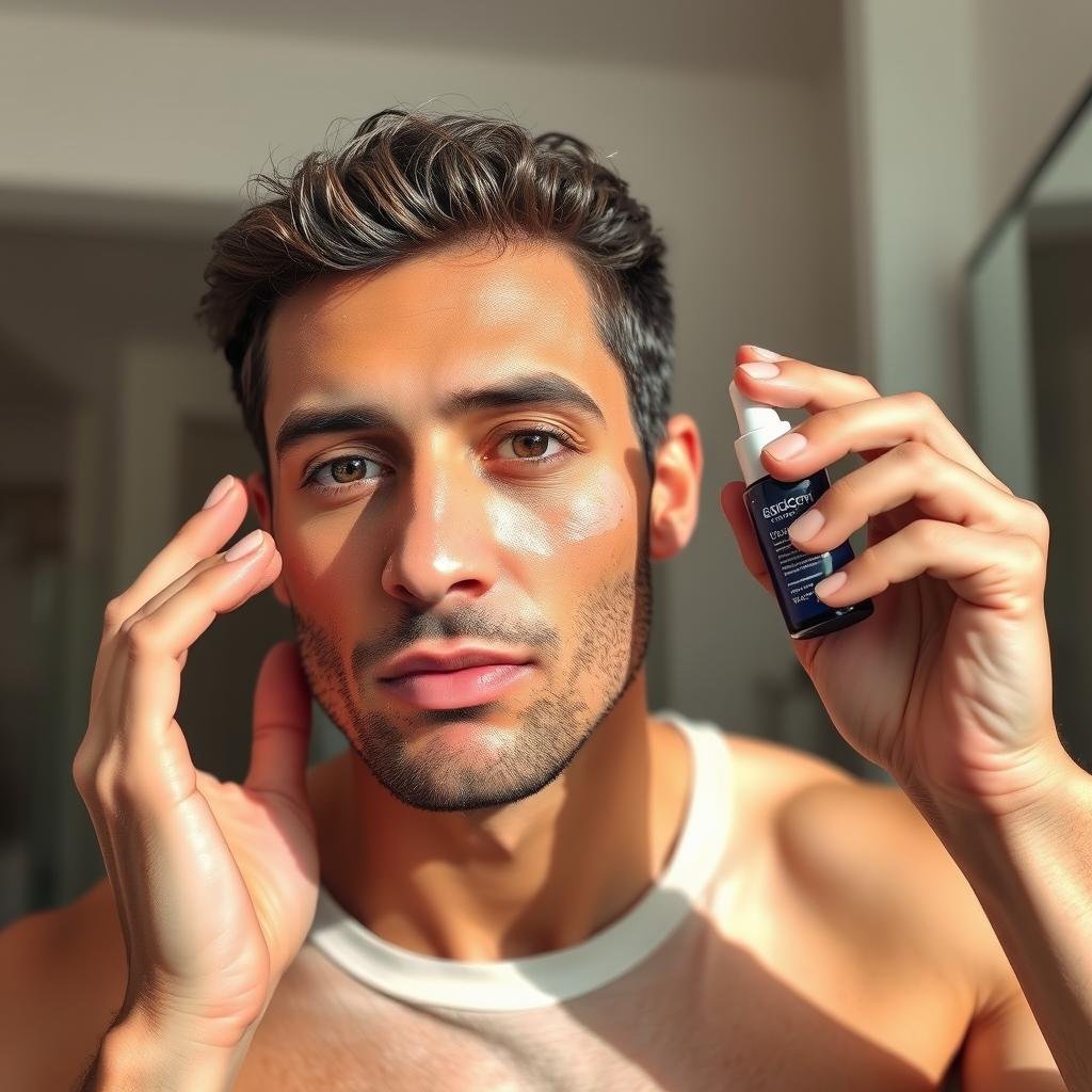 Man with uneven skin tone using brightening serum