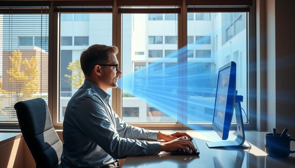 Man working near window with UVA rays visibly penetrating glass showing need for men sunscreen daily use indoors