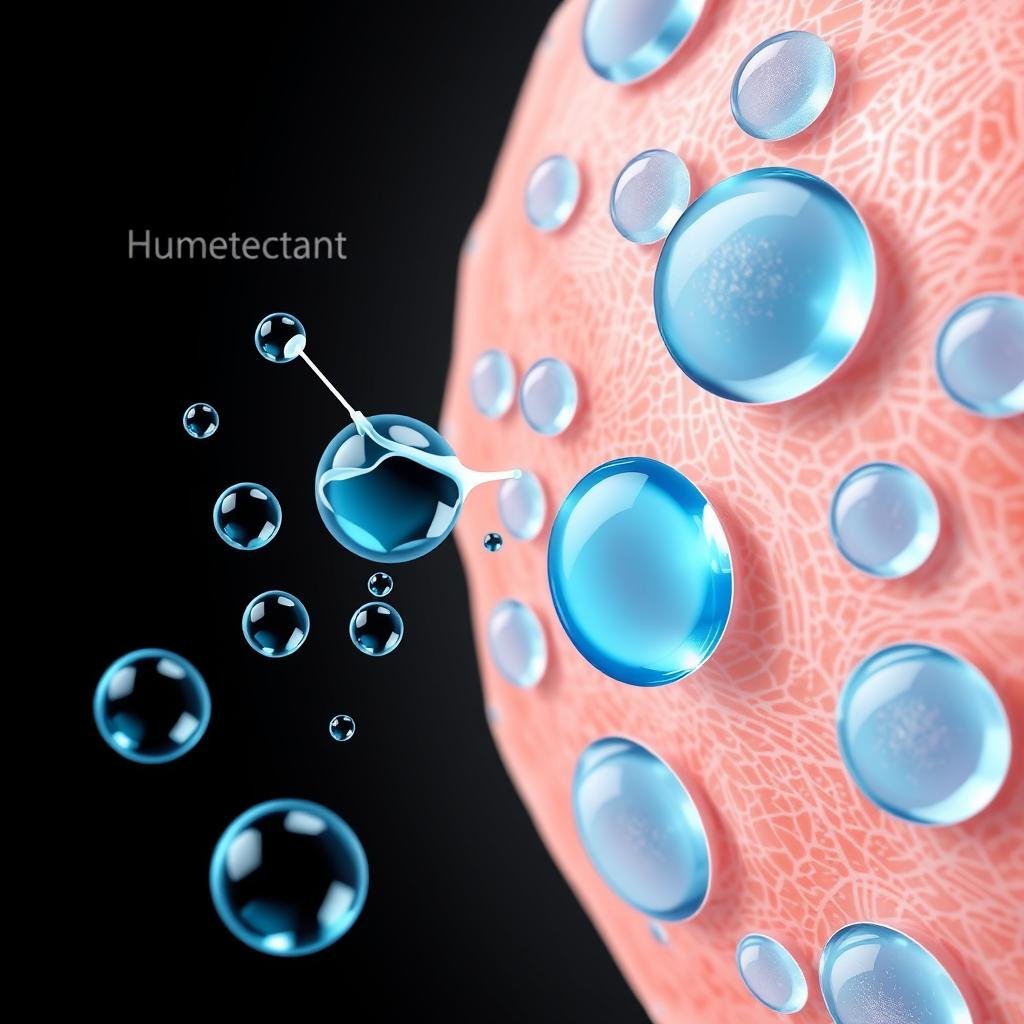 Microscopic view of hydrating ingredients drawing water into skin cells