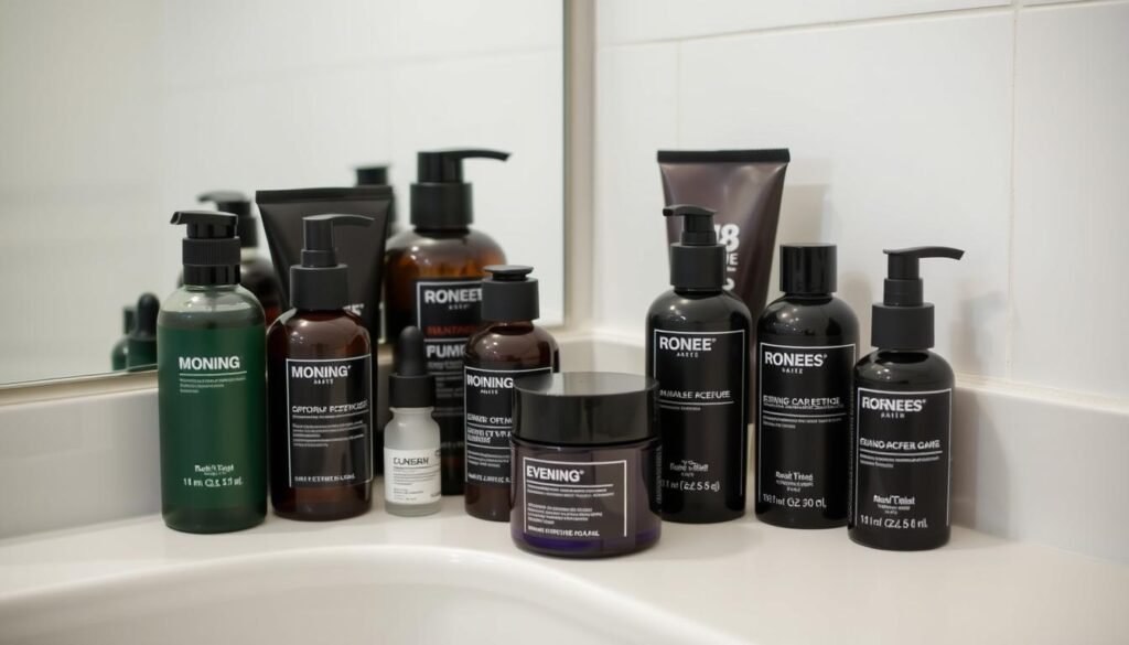 Organized men's skincare products including retinol on bathroom counter Organized men's skincare products including retinol on bathroom counter