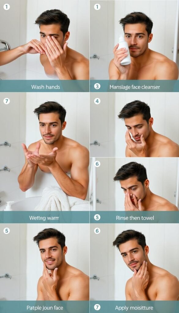 Step-by-step demonstration of proper face washing technique for men