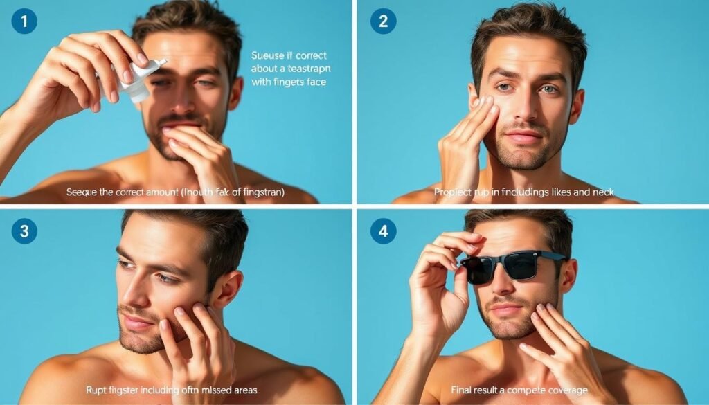 Step-by-step demonstration of proper men sunscreen daily application technique showing correct amount