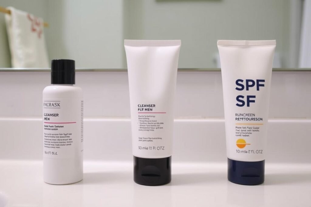 Three skincare products for men lined up in order: cleanser, moisturizer, and sunscreen, representing a 3-step skincare routine for men