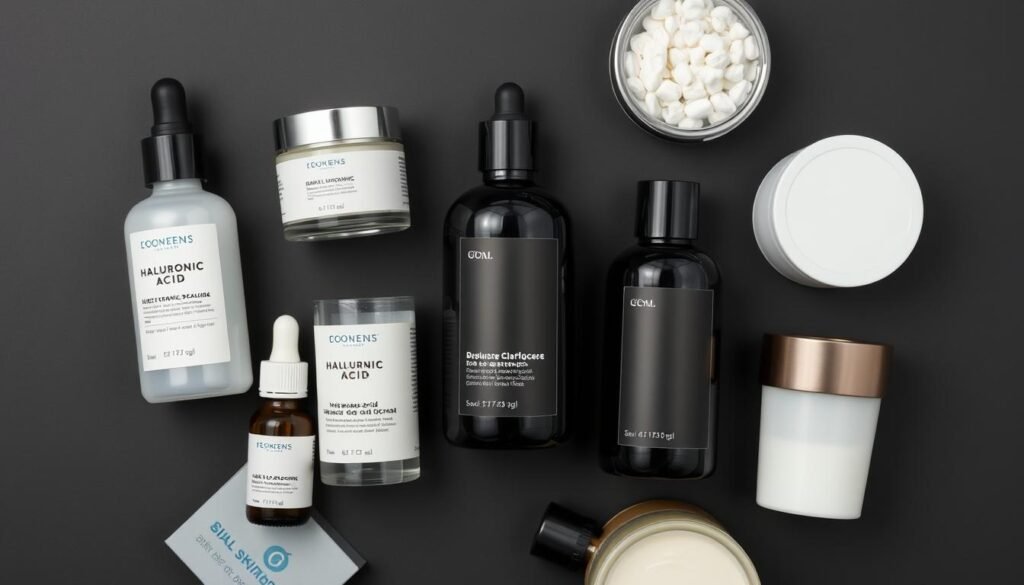 Various hyaluronic acid skincare products for men