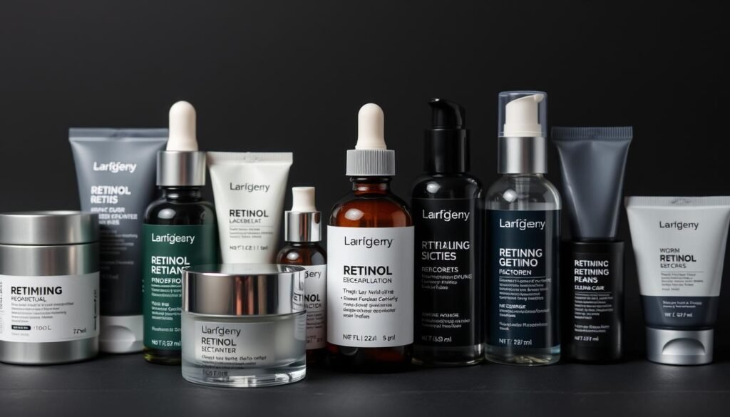 Various retinol products specifically formulated for men arranged on a dark background Various retinol products specifically formulated for men arranged on a dark background