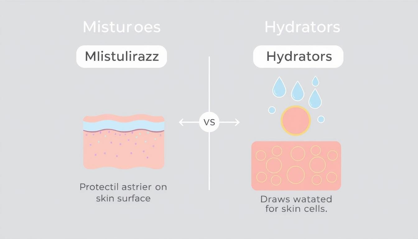 Visual comparison of moisturizer vs hydrator showing how each works on skin cells