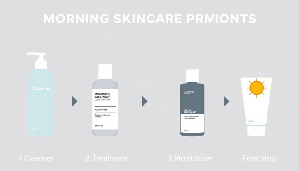 Visual guide showing proper order of morning skincare products with sunscreen as final step