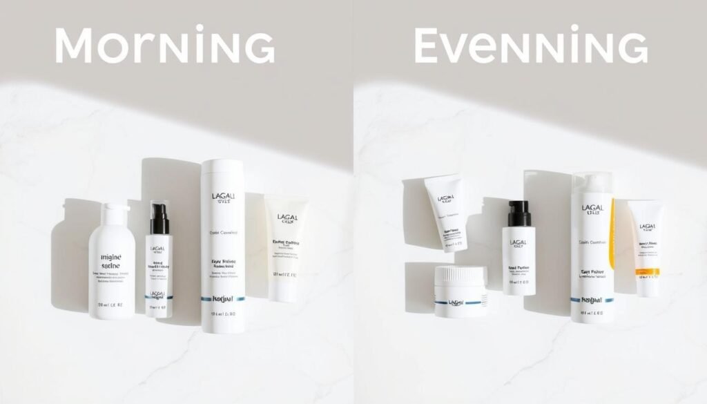 Visual representation of morning and evening skincare routines for men, showing the 3 steps in sequence